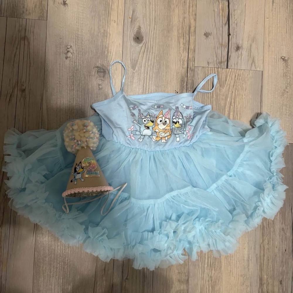 Toddler Bluey Birthday dress, hat, stuffed animals and bag